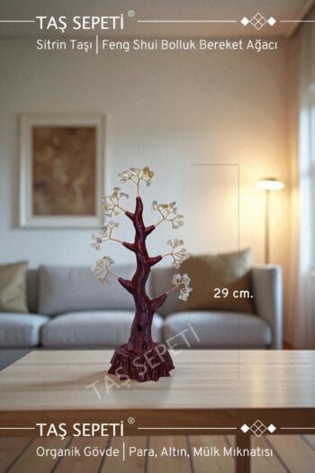 Sitrin Taşı Bolluk Bereket Feng Shui Ağacı Para Mal Mülk Hayat Ağacı Dekoratif Gerçek Doğaltaş Hediye 29cm