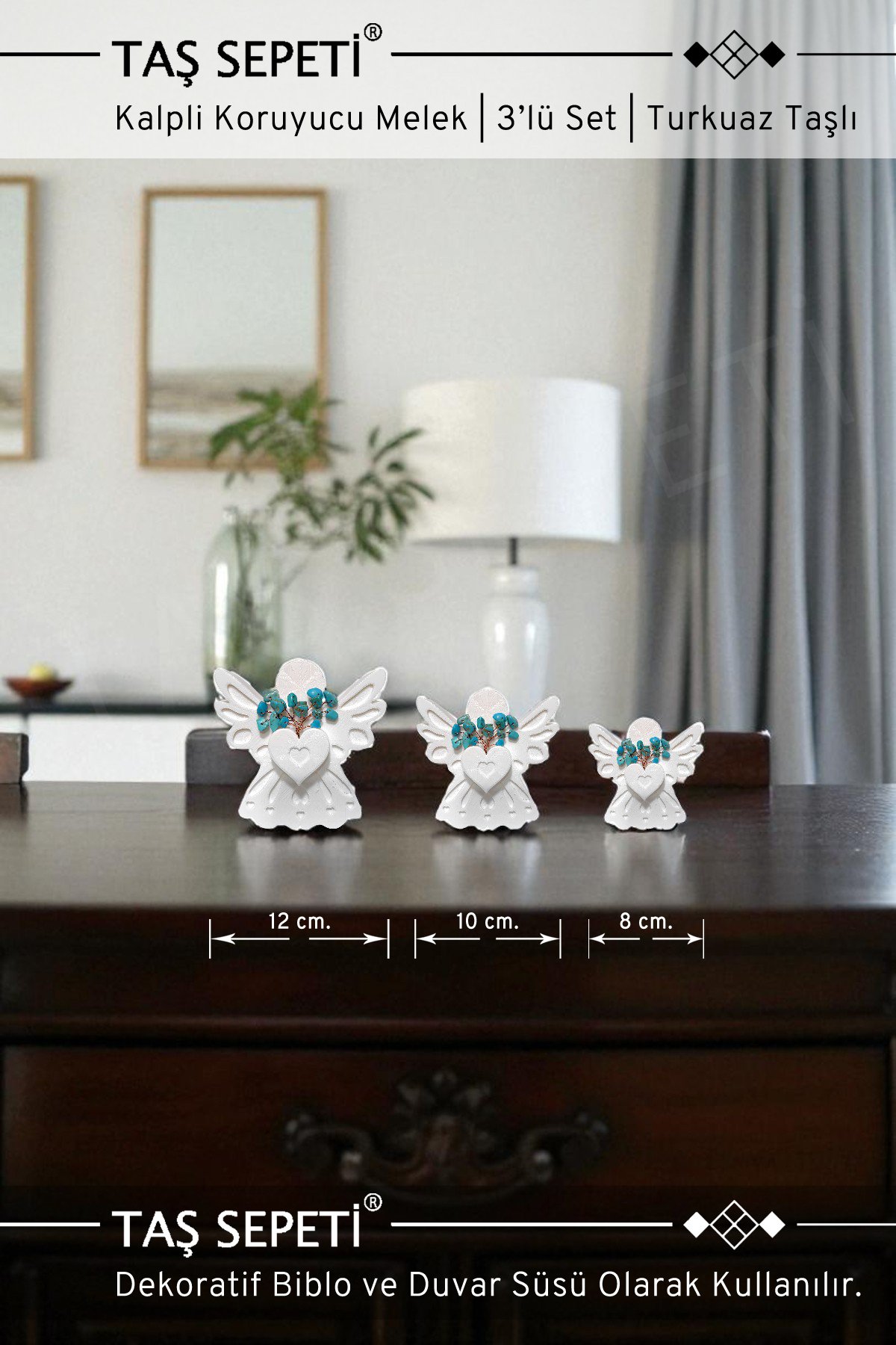 Turkuaz Taşlı Kalpli Koruyucu Melek 3’lü Set | Dekoratif Biblo ve Duvar Süsü | El Yapımı | Şans, Huzur ve Sevgi Sembolü | 12-10-8 cm