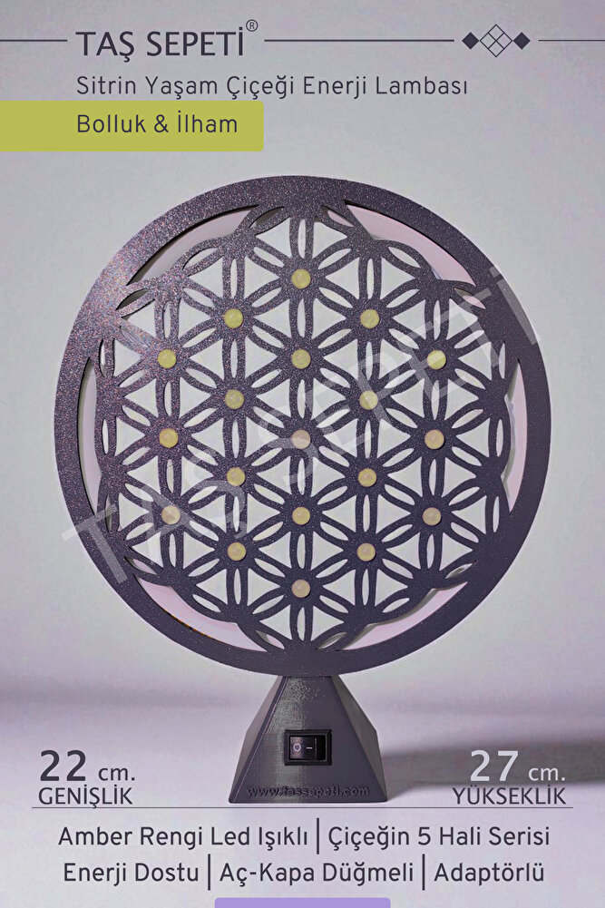 Sitrin Taşı Yaşam Çiçeği Bolluk Bereket İlham Enerji Lambası Amber Led Işık Meditasyon Hayat Çiçeği