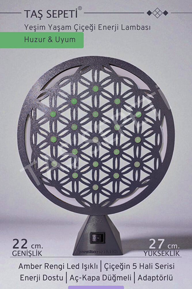 Yeşim Taşı Yaşam Çiçeği Huzur ve Uyum Enerji Lambası Amber Led Işık Meditasyon Hayat Çiçeği