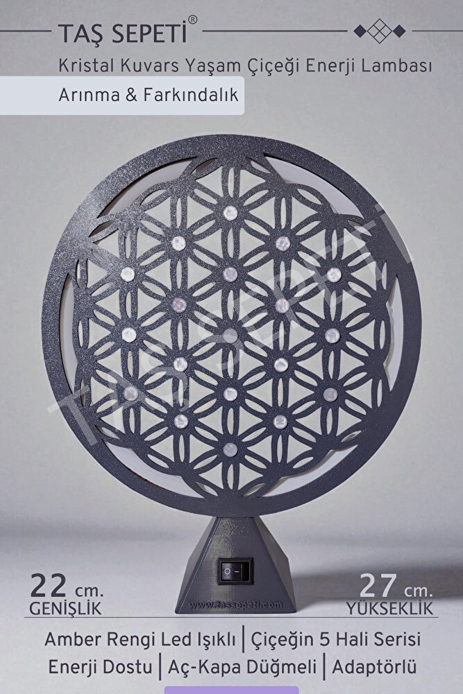 Kristal Kuvars Yaşam Çiçeği Arınma Farkındalık Enerji Lambası Amber Led Işık Meditasyon Hayat Çiçeği