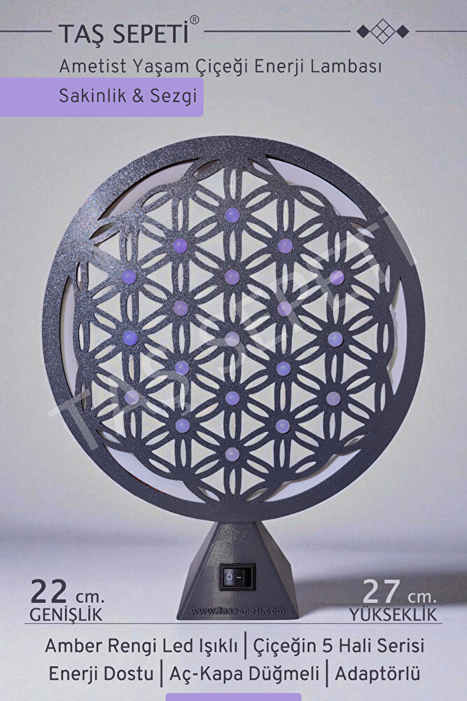 Ametist Yaşam Çiçeği Sakinlik Sezgi Enerji Lambası Amber Led Işık Meditasyon Spiritüel Hayat Çiçeği