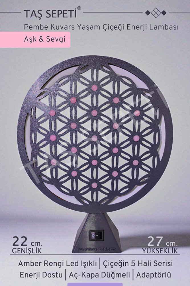 Pembe Kuvars Yaşam Çiçeği Aşk Sevgi Enerji Lambası Amber Led Işık Meditasyon Spiritüel Hayat Çiçeği