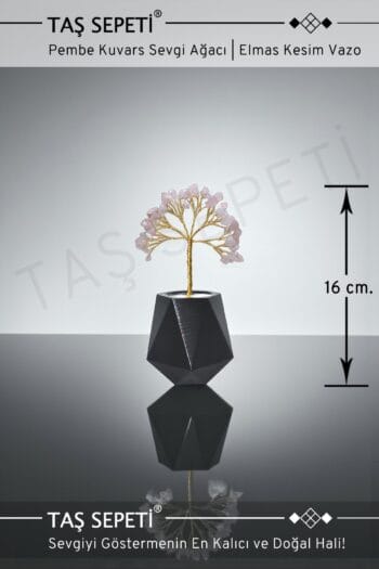 Pembe Kuvars Doğal Taşlı Enerji Ağacı | Elmas Kesim Siyah Vazo | El Yapımı Dekoratif Feng Shui Masaüstü Biblo | 16cm