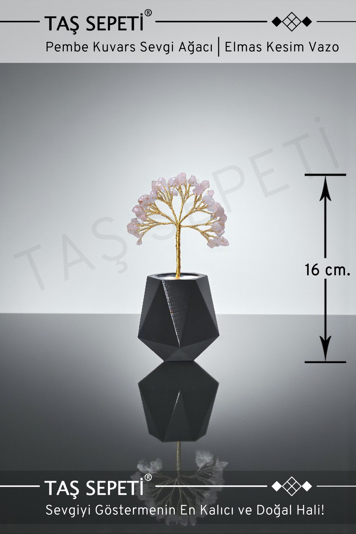 Pembe Kuvars Doğal Taşlı Enerji Ağacı | Elmas Kesim Siyah Vazo | El Yapımı Dekoratif Feng Shui Masaüstü Biblo | 16cm