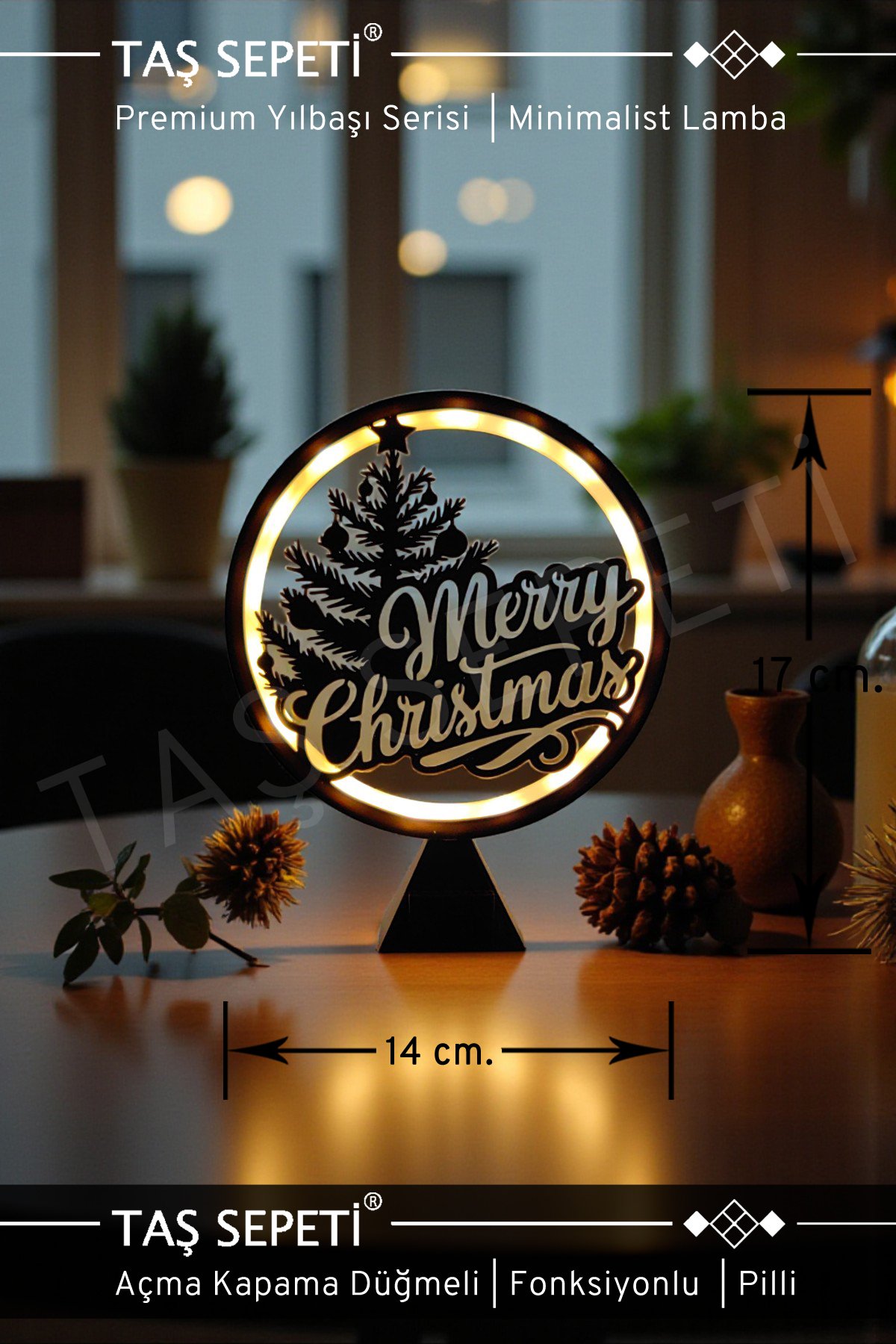 Merry Christmas Yazılı Yılbaşı Süsü Lambası | Premium Yılbaşı Serisi | Pilli | Fonksiyonlu Düğmeli