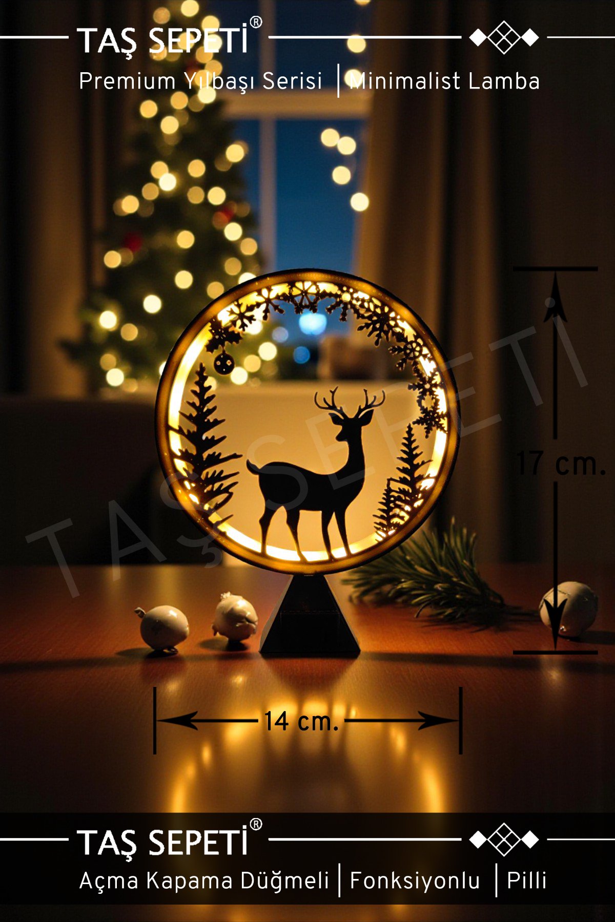 Geyik ve Orman Temalı Yılbaşı Süsü Lambası | Premium Yılbaşı Serisi | Pilli | Fonksiyonlu Düğmeli