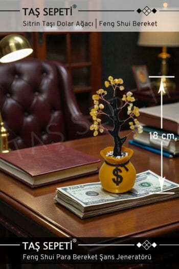 Sitrin Doğal Taşlı Dolar Kesesi Bereket Ağacı | Bolluk Para Şans Dolar Feng Shui Dekor | 18 cm