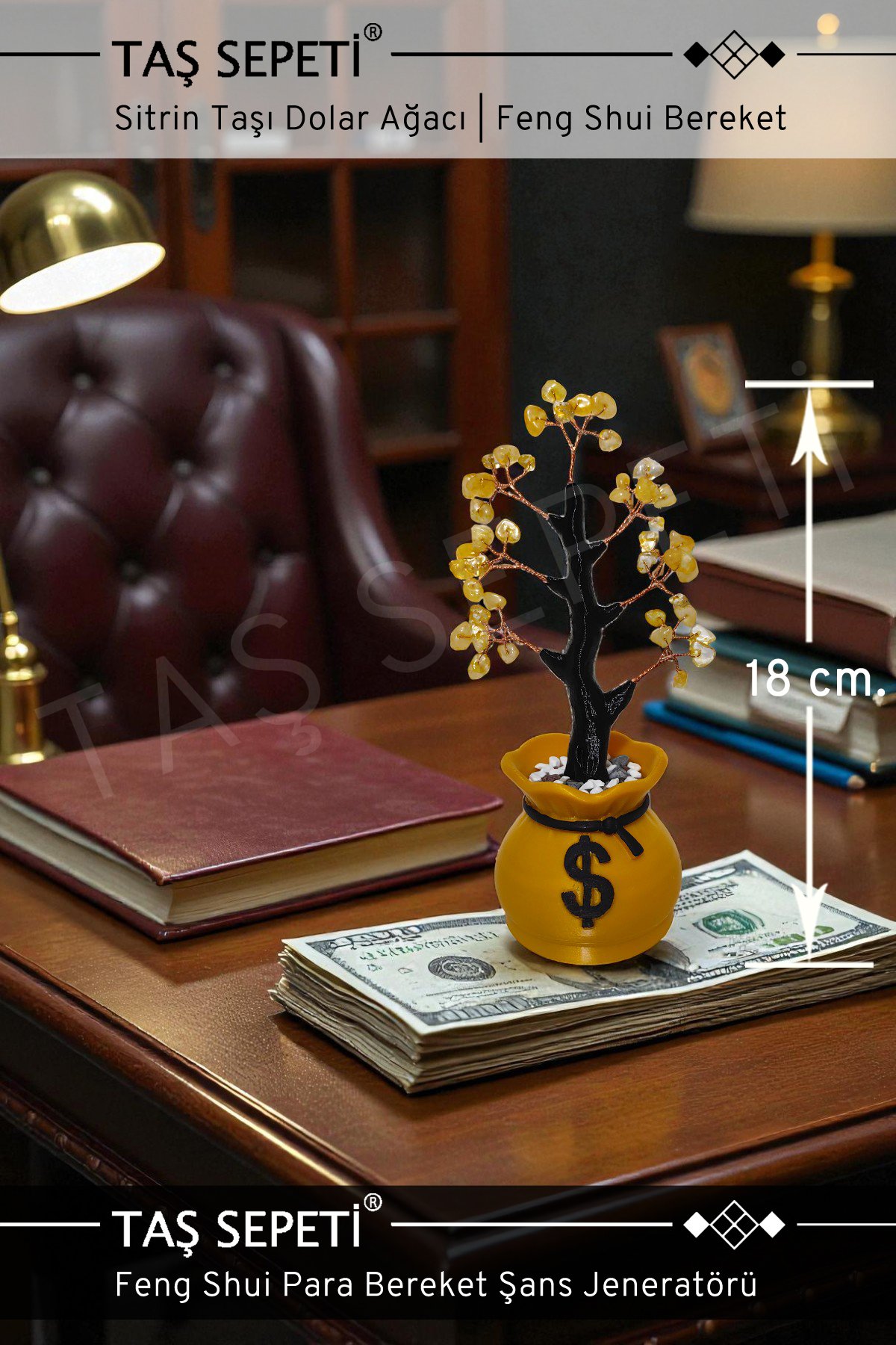 Sitrin Doğal Taşlı Dolar Kesesi Bereket Ağacı | Bolluk Para Şans Dolar Feng Shui Dekor | 18 cm