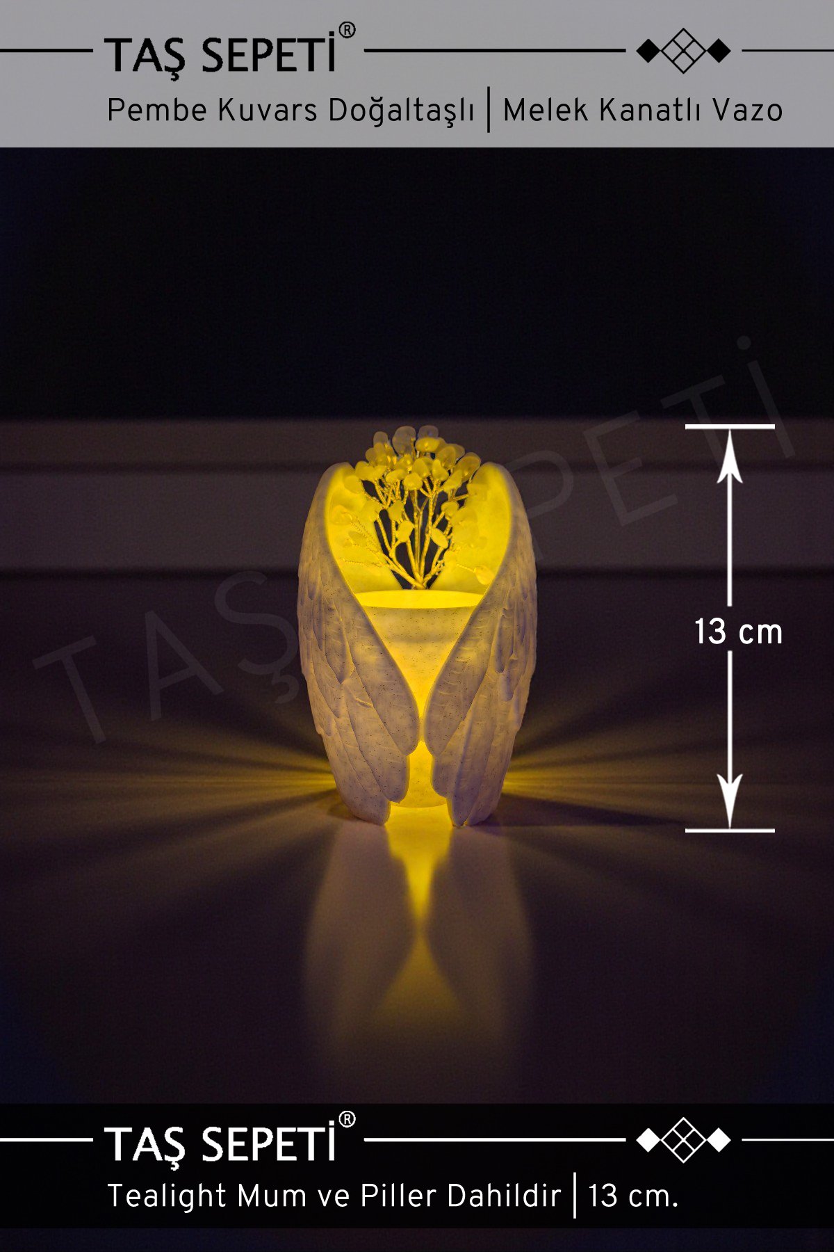 Pembe Kuvars Doğaltaşlı Işıklı Melek Kanatlı Dekoratif Vazo | Tealight Mum Dahil | El Yapımı | 13 cm