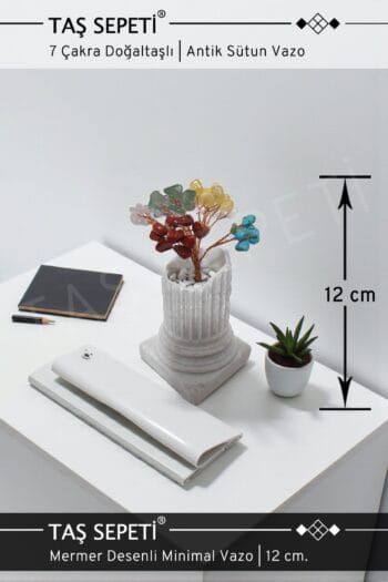 7 Çakra Doğaltaşlı Mermer Desenli Antik Sütun Temalı Dekoratif Vazo | El Yapımı | 12 cm