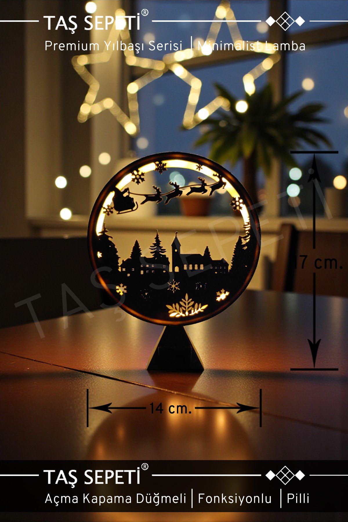 Kızağıyla Uçan Noel Baba Yılbaşı Süsü Lambası | Premium Yılbaşı Serisi | Pilli | Fonksiyonlu Düğmeli