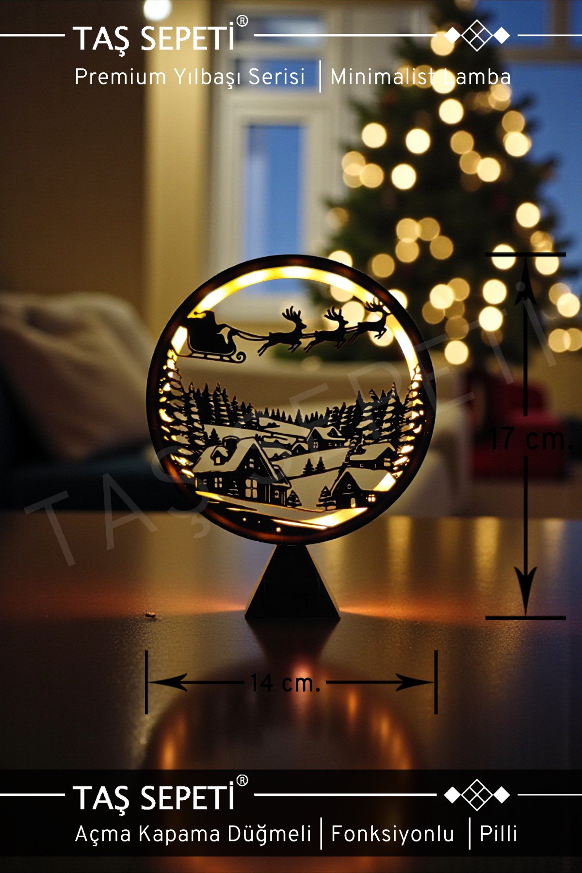 Kızaklı Noel Baba Yılbaşı Süsü Lambası | Premium Yılbaşı Serisi | Pilli | Fonksiyonlu Düğmeli