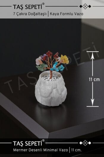 7 Çakra Doğaltaşlı Mermer Dokulu Taş Kaya Formlu Dekoratif Vazo | El Yapımı | 11 cm