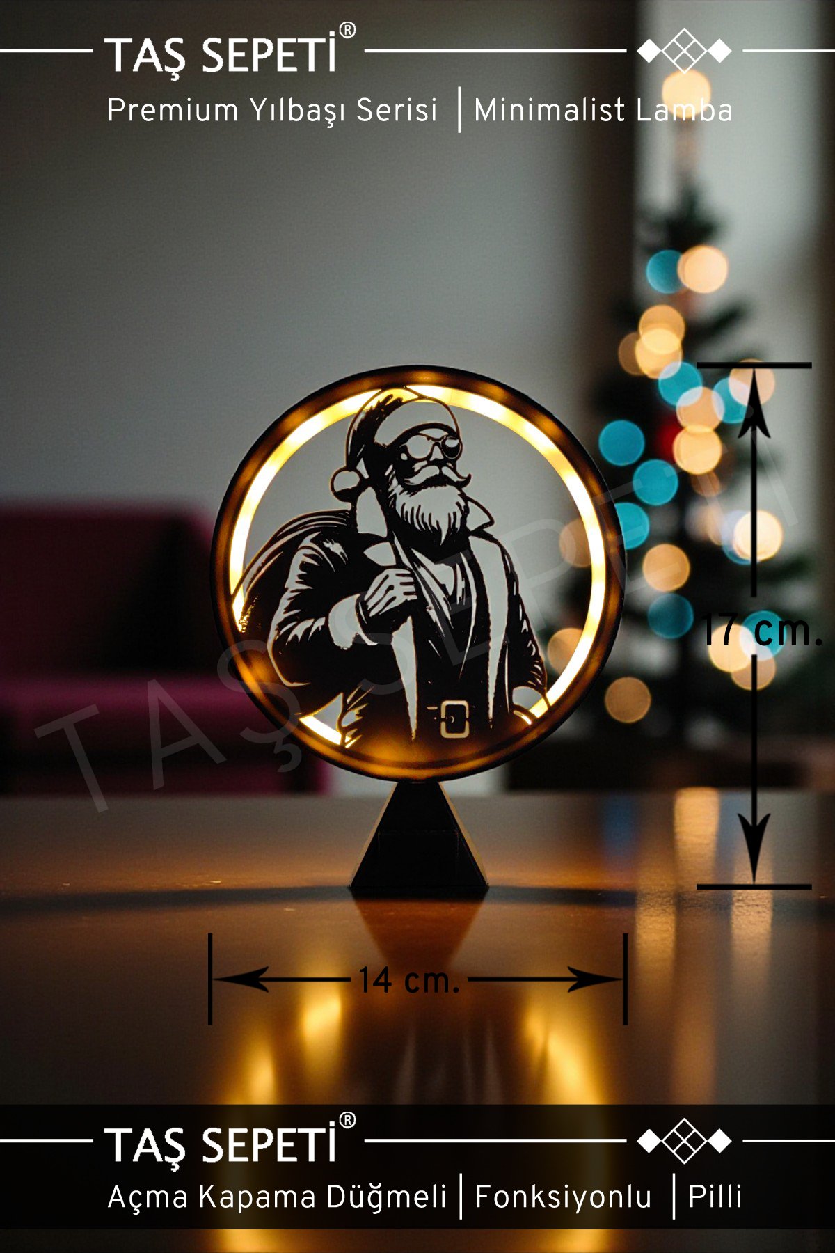 Şık Noel Baba Tasarımlı Yılbaşı Süsü Lambası | Premium Yılbaşı Serisi | Pilli | Fonksiyonlu Düğmeli