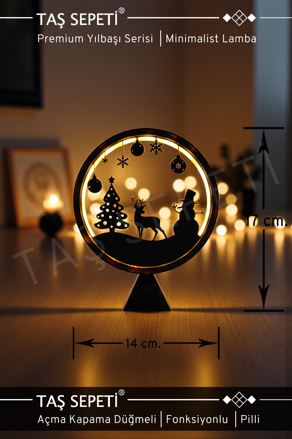 Geyik ve Kardan Adam Temalı Yılbaşı Süsü Lambası | Premium Yılbaşı Serisi | Pilli | Fonksiyonlu Düğme