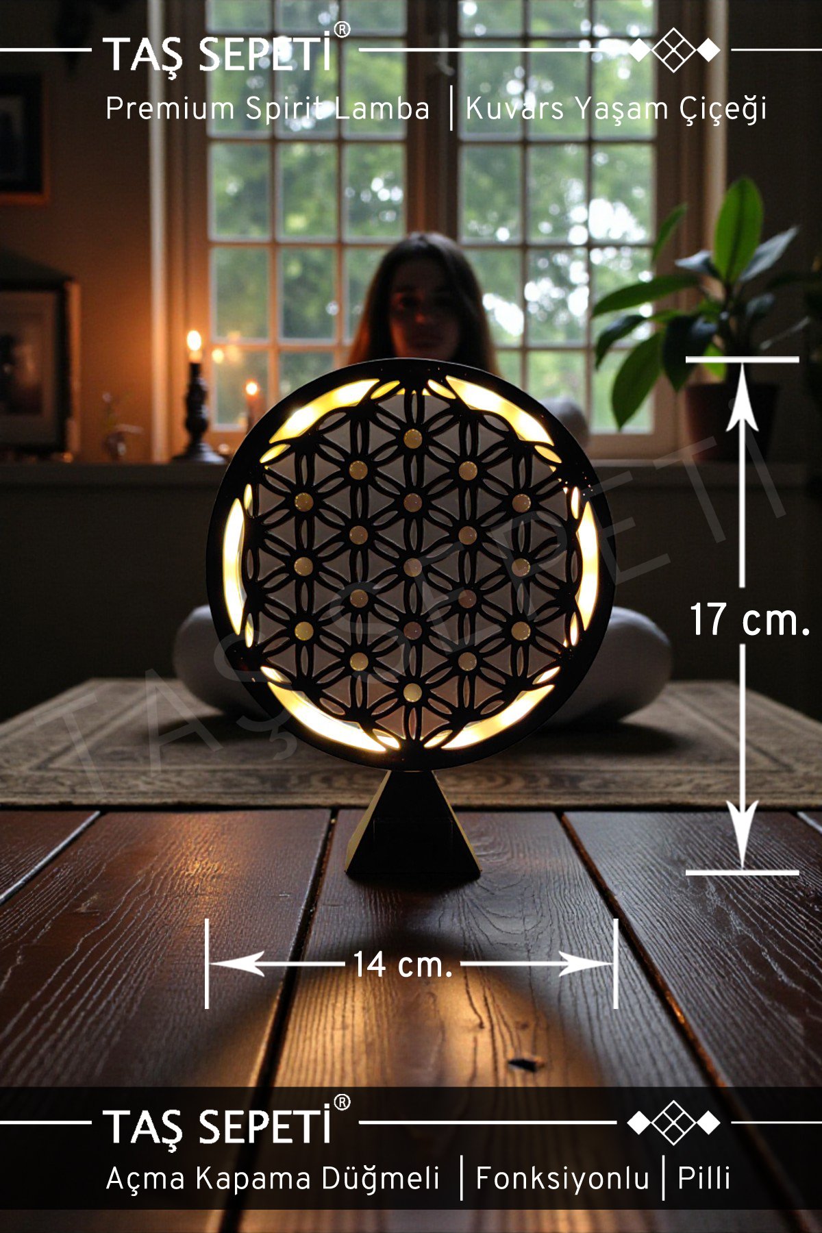 Kuvars Taşlı Yaşam Çiçeği Lamba | Premium Spirituel Serisi | Pilli | Fonksiyonlu Düğme