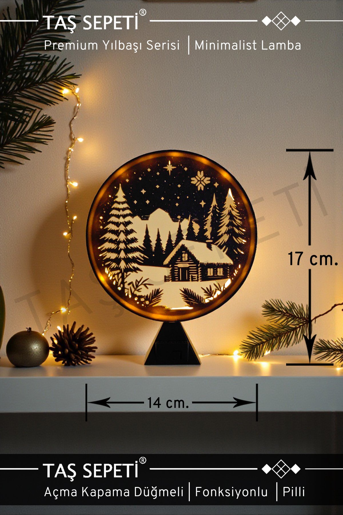 Karlar Altında Dağ Evi Yılbaşı Süsü Lambası | Premium Yılbaşı Serisi | Pilli | Fonksiyonlu Düğmeli