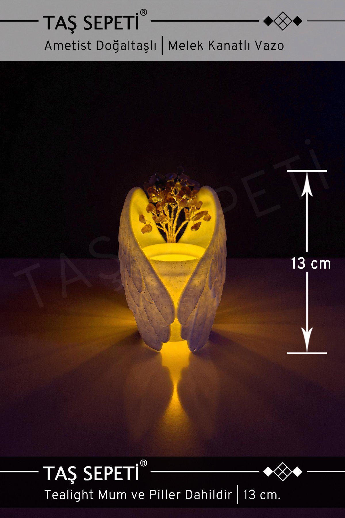 Ametist Doğaltaşlı Işıklı Melek Kanatlı Dekoratif Vazo | Tealight Mum Dahil | El Yapımı | 13 cm