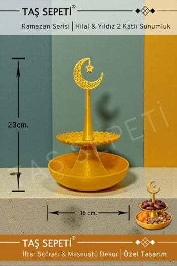 Hurmalık Hilal Yıldız Altın 2 Katlı Ramazan Sunumluk 1.Kalite İftar Masa Süsü Şık Yemiş Çerez Standı