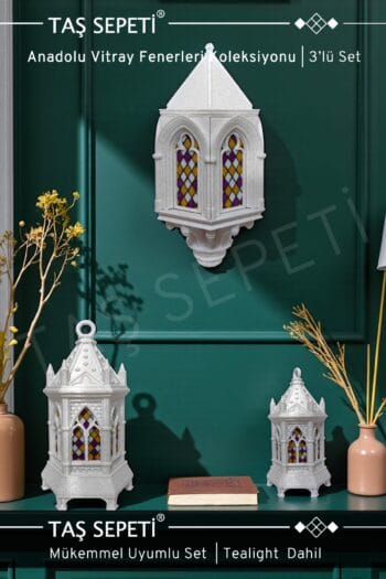 Vitray Dekoratif 3lü Fener Seti | Anadolu Vitray Fenerleri Koleksiyonu | Masaüstü & Duvar | Tealight