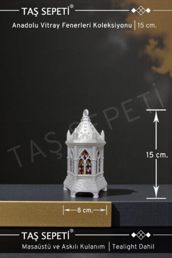 Vitray Dekoratif Fener 15cm | Anadolu Vitray Fenerleri Koleksiyonu | Masaüstü & Askılı | Tealight