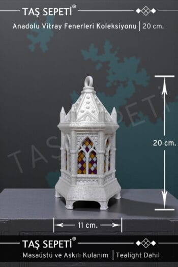 Vitray Dekoratif Fener 20cm | Anadolu Vitray Fenerleri Koleksiyonu | Masaüstü & Askılı | Tealight