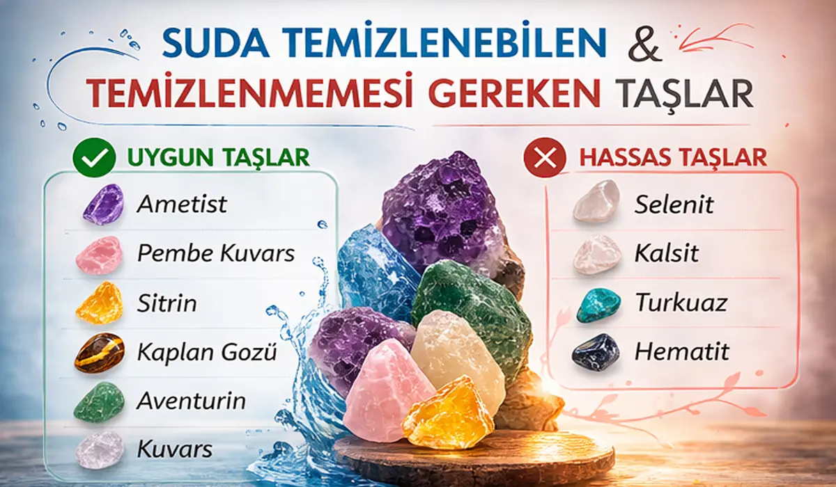 suda temizlenebilen ve temizlenmemesi gereken doğal taşlar ametist pembe kuvars sitrin kaplan gözü selenit kalsit