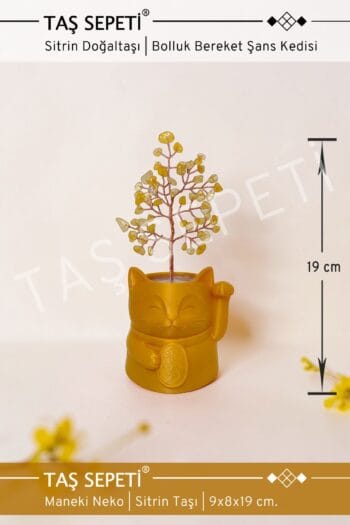 Bolluk ve Bereket Kedisi Sitrin Para Doğal Taşı Dekoratif Ürün | Maneki Neko | El Yapımı | 19 cm