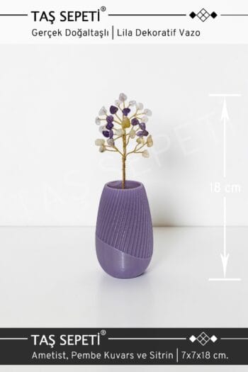 Doğal Taş Modern Hayat Ağacı Lila Dekoratif Vazo İçinde Ametist, Pembe Kuvars ve Sitrin | El Yapımı | 18 cm