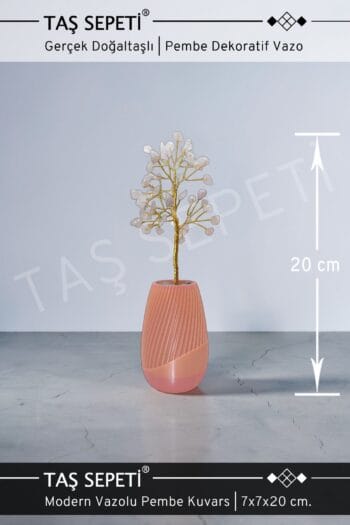 Doğal Taş Modern Hayat Ağacı Modern Pembe Vazo İçinde Pembe Kuvars Taşı | El Yapımı | 20 cm