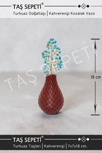 Turkuaz Taşı Doğaltaşlı Enerji Ağacı Kahverengi Kozalak Vazo İçinde | El Yapımı | 18 cm