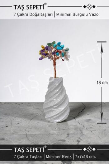 7 Çakra Doğaltaşlı Enerji Ağacı Mermer Renkli Burgulu Dekoratif Vazo | El Yapımı | 18 cm