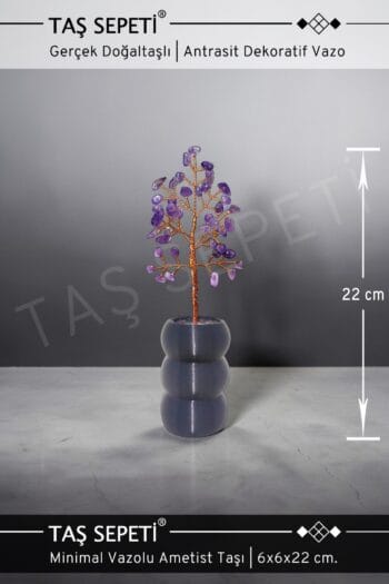Antrasit Dekoratif Minimal Vazo İçinde Ametist Taşı Doğal Taş Hayat Ağacı | El Yapımı | 22 cm