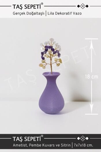 Doğal Taş Hayat Ağacı Lila Dekoratif Vazo İçinde Ametist, Pembe Kuvars ve Sitrin | El Yapımı | 18 cm