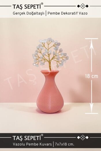 Pembe Dekoratif Vazo İçinde Pembe Kuvars Taşı Doğal Taş Hayat Ağacı | El Yapımı | 18 cm