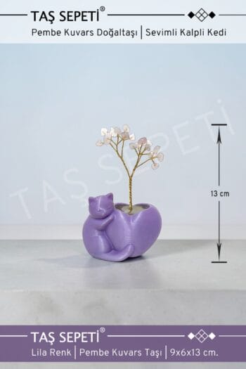 Kalpli Kedi Pembe Kuvars Sevgi Doğal Taşı Lila Renk Dekoratif Ürün | El Yapımı | 13 cm